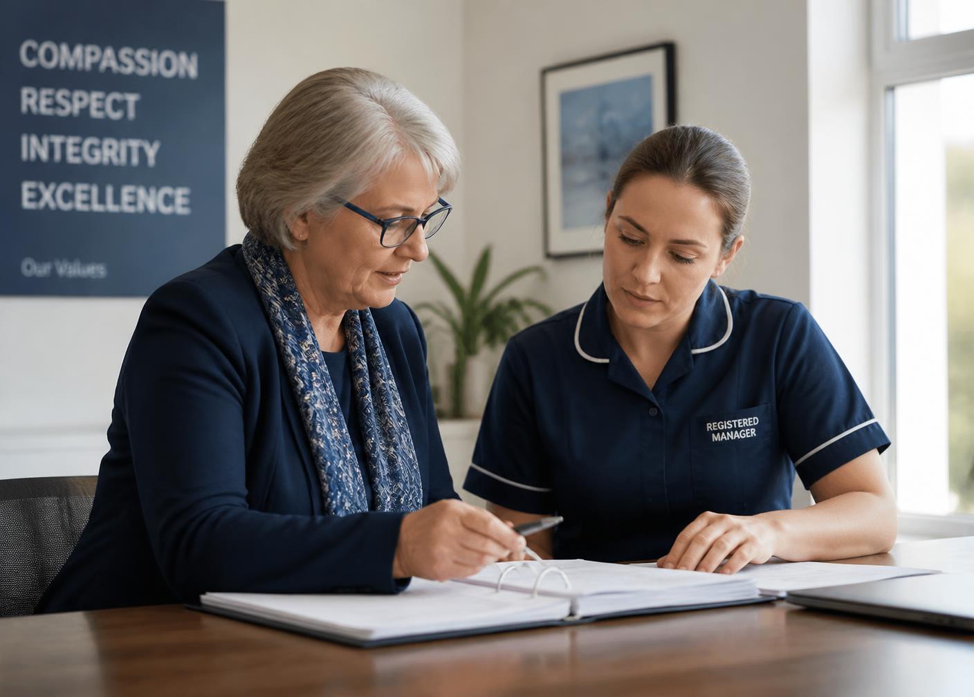 A consultant mentoring a registered manager while reviewing records